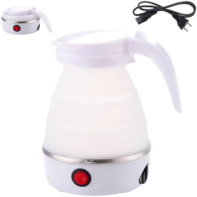 Electric Kettle - Portable for Travel, Foldable Silicone Travel Kettle, Compact and Lightweight, Ideal for Camping Office, and Hotel Use, Quick Boil - 220V-600ML - White