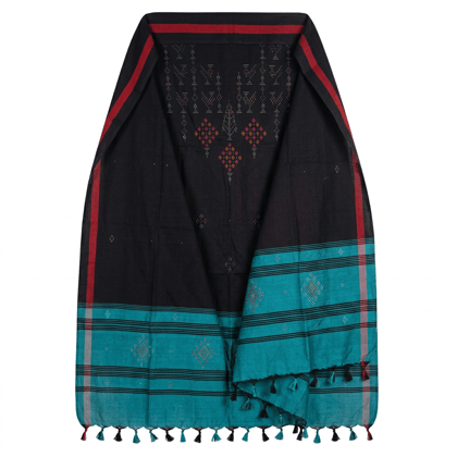 Naitik Tangaliya Art Premium Black Cotton Dress Material with Contrast Teal Dupatta | Handcrafted Tangaliya Embroidery | Unstitched Women's Suit Fabric | Ethnic Wear for Festive, Office & Casual Occasions