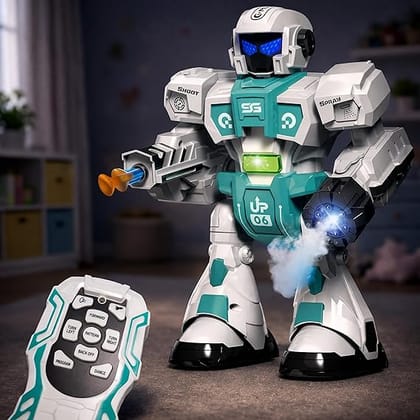 Toyshine Steam Producing Remote Controlled Warrior Robot Toy with Lights Sound Music Dancing Action & Shooting Sticky Projectiles for Kids