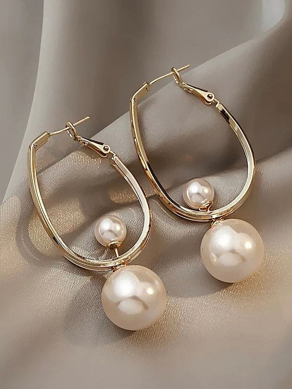 Gold Dual Oval Shape Pearl Drop Earrings for Women – Classic Round Pearl Dangle Hoop Earrings with Premium Anti-Tarnish Finish