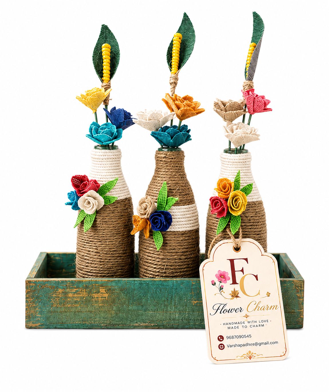 Flower Charm Handmade Decorative Glass Bottle Vase with Jute Lotus Flowers | Eco-Friendly Table Decor | Home & Office Decorative Vase | 15 cm