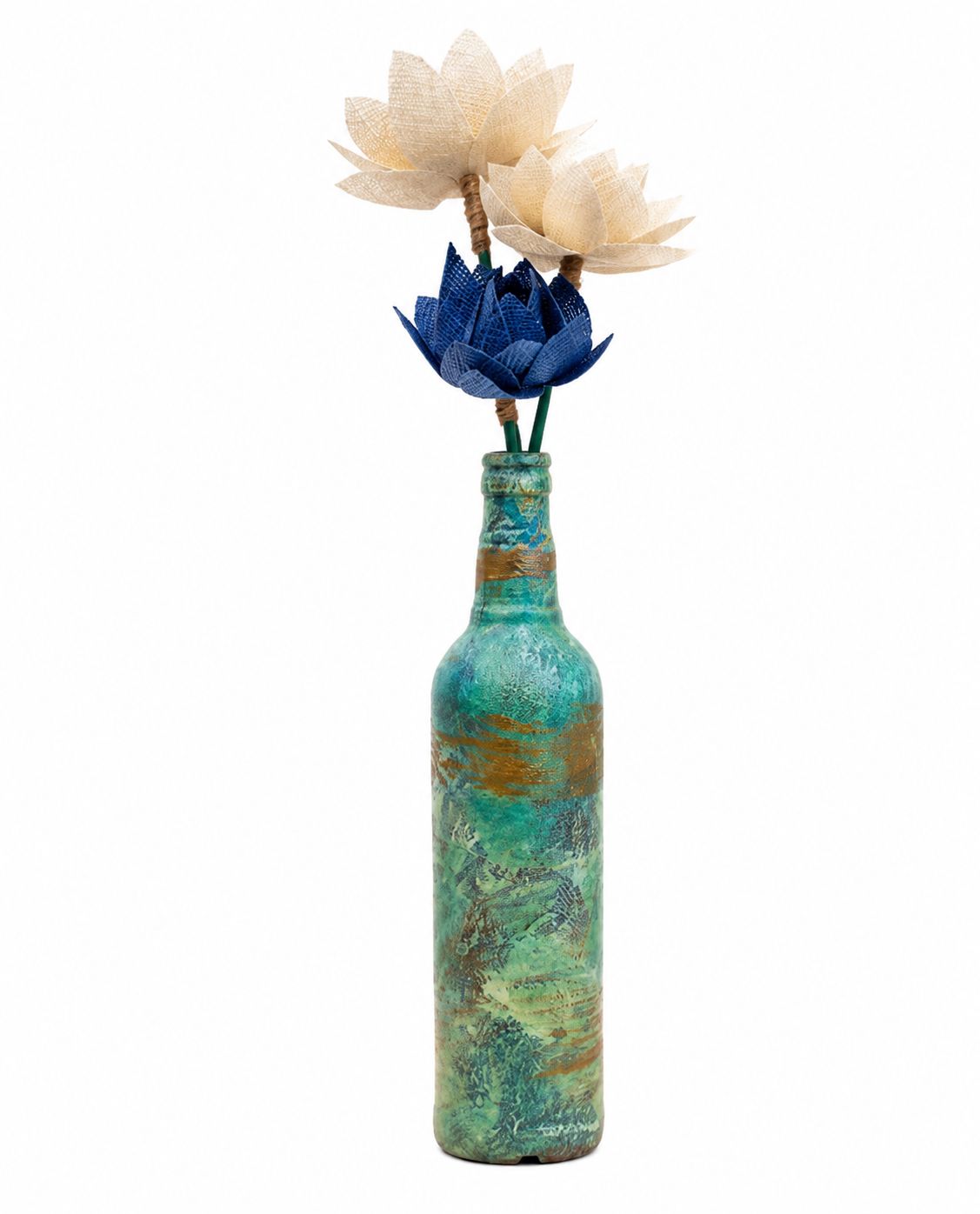 Flower Charm Handmade Decorative Glass Bottle Vase with Fabric Lotus Flowers | Eco-Friendly Table Décor | Handcrafted Home Decoration | Gift Item