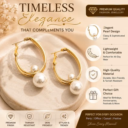 Gold Dual Oval Shape Pearl Drop Earrings for Women & Girls – Classic Party Wear Round Pearl Dangle Hoop Earrings with Premium Anti-Tarnish Finish Gold Dual Oval Shape Pearl Drop Earrings for Women & Girls – Classic Party Wear Round Pearl Dangle Hoop Earrings with Premium Anti-Tarnish Finish