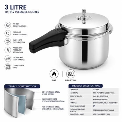 Tri-Ply Stainless Steel Pressure Cooker | 3 Litre | Gas & Induction Compatible 