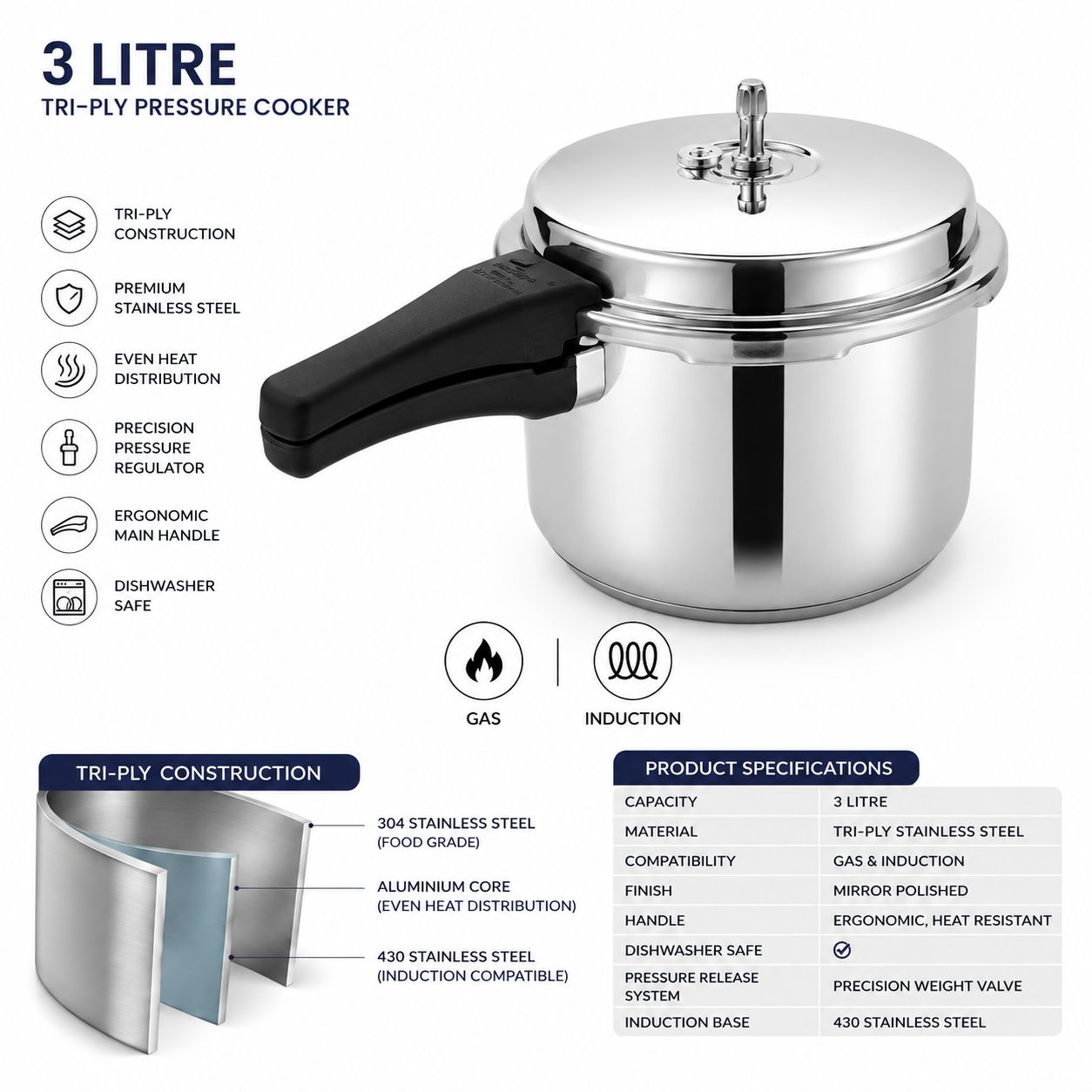 Tri-Ply Stainless Steel Pressure Cooker | 3 Litre | Gas & Induction Compatible 