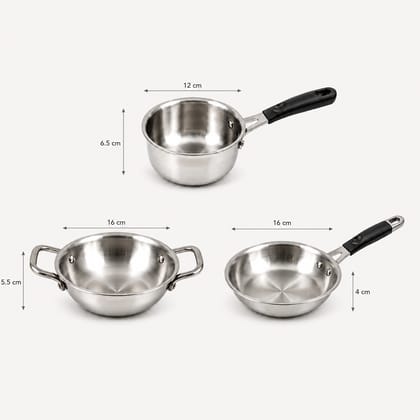 Tri-Ply 3-Piece Mini Cookware Set | 12 cm Saucepan, 16 cm Fry Pan & 16 cm Kadai