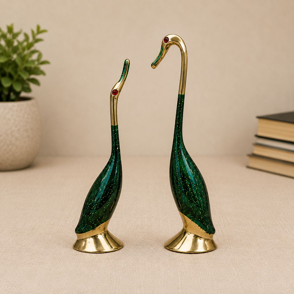 Moradabad Metal Craft Brass Love Bird Saras Pair Showpiece Green