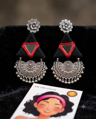 Silver Oxidized Black Threadwork Mirror Jhumka Earrings