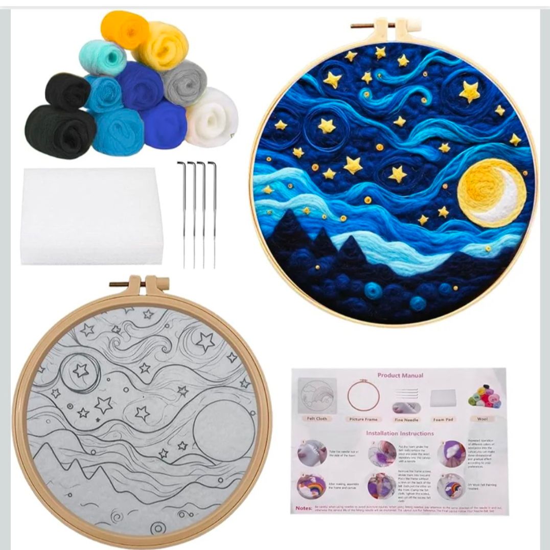 Starry Night DIY Needle Felting Kit for Beginners with Hoop and Wool