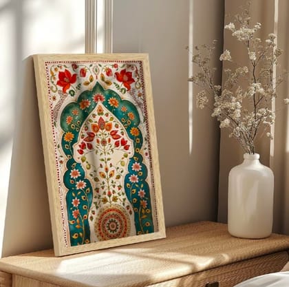 Set of 2 Framed Indian Style Floral Elephant Wall Art Prints 12x18 Inch