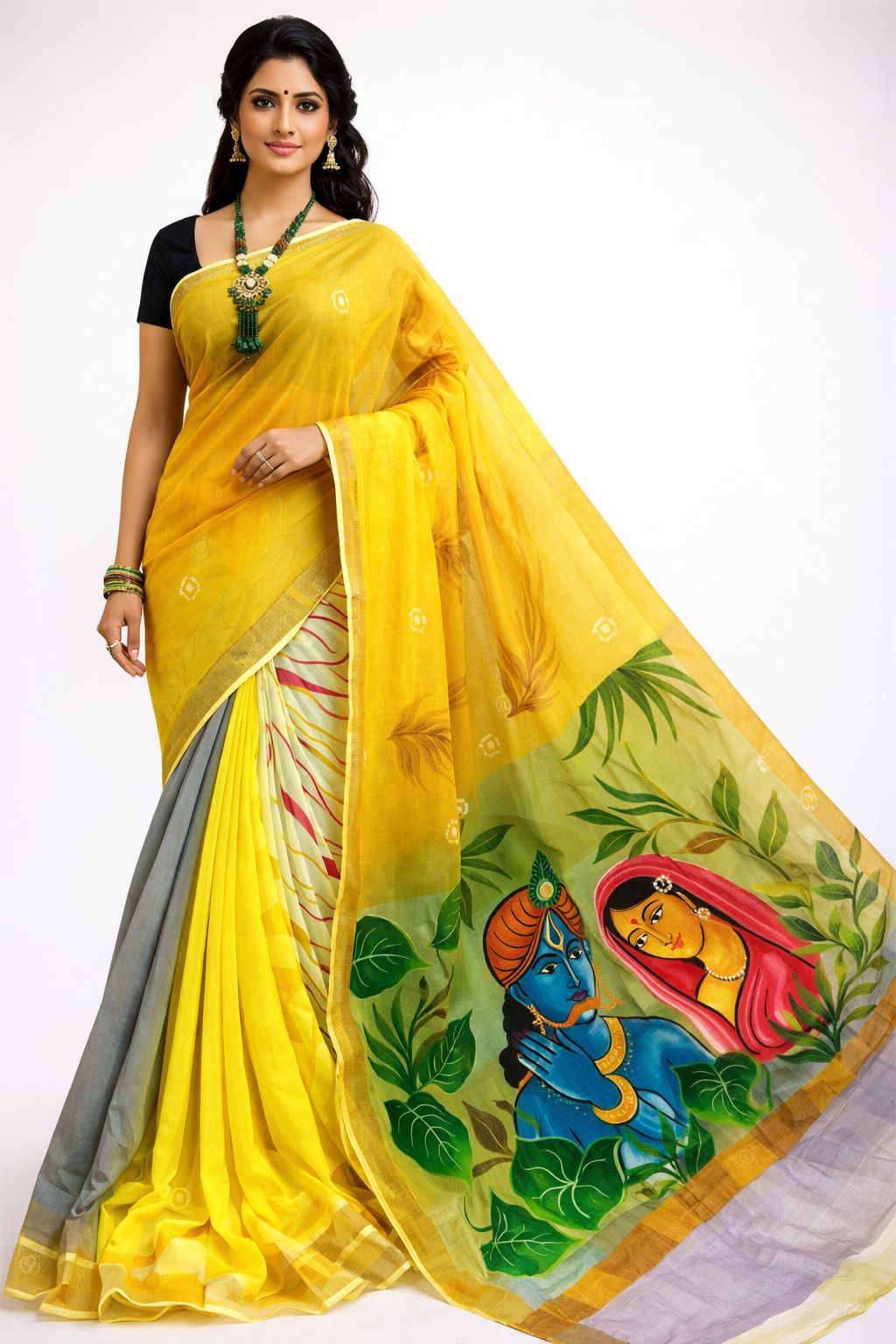 Wearable Indian Art Premium Kerala Cotton Kasavu Saree with Golden Zari Border | 6.5M Acrylic Hand Painted Radha Krishna Vrindavan Artwork | Traditional Indian Ethnic Saree with Running Blouse