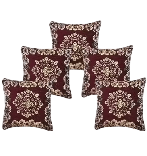 Set of 5 Maroon & Gold Floral Decorative Cushion Covers (16x16 Inch)