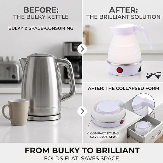 New Electric Kettle - Portable for Travel, Foldable Silicone Travel Kettle, Compact and Lightweight, Ideal for Camping,Office, and Hotel Use, Quick Boil - 220V-600ML - White