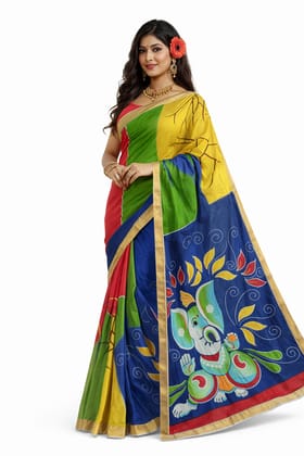 DHRUVINSRI Luxury Kerala Kasavu Cotton Saree | Hand Painted Lord Ganesha & Floral Artwork | Multicolor Ethnic Saree with Golden Zari Border & Running Blouse
