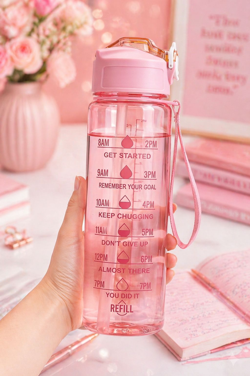 1 Litre Motivational Water Bottle with Time Marker, Pink
