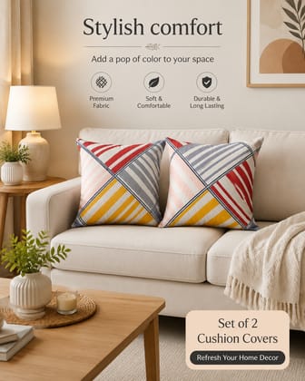 DHRUVINSRI Set of 2 Cotton Blend Cushion Covers 16 x 16 Inches, Square Striped Print Decorative Cushion Covers for Sofa, Living Room & Bedroom Home Decor