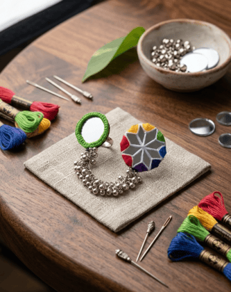 Handcrafted Parrot Green and Multicolour Double Finger Ring 