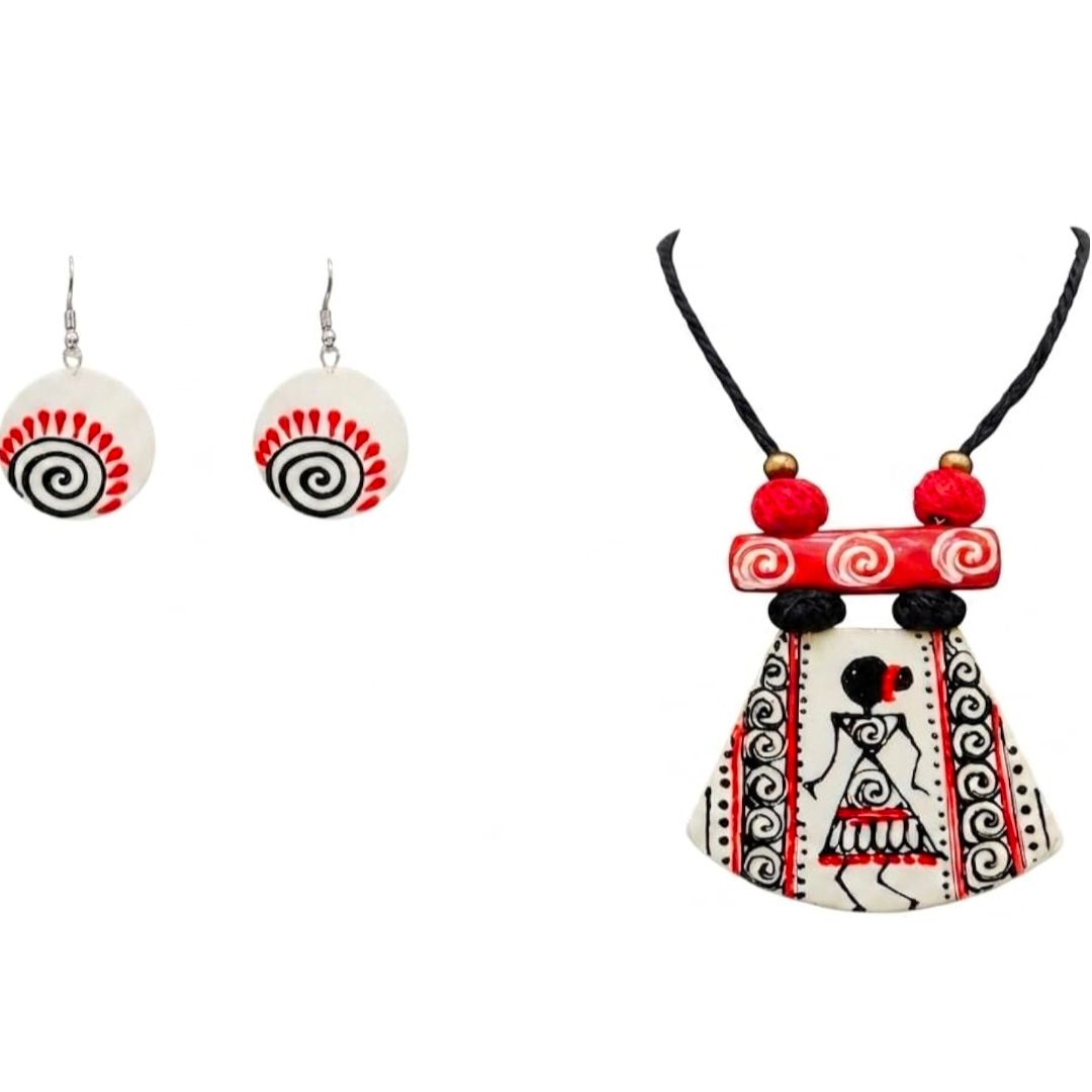 Handcrafted Terracotta Necklace Set with Earrings - Traditional Indian Jewelry, Statement Pendant Design, Ethnic Handmade Jewellery for Women & Girls