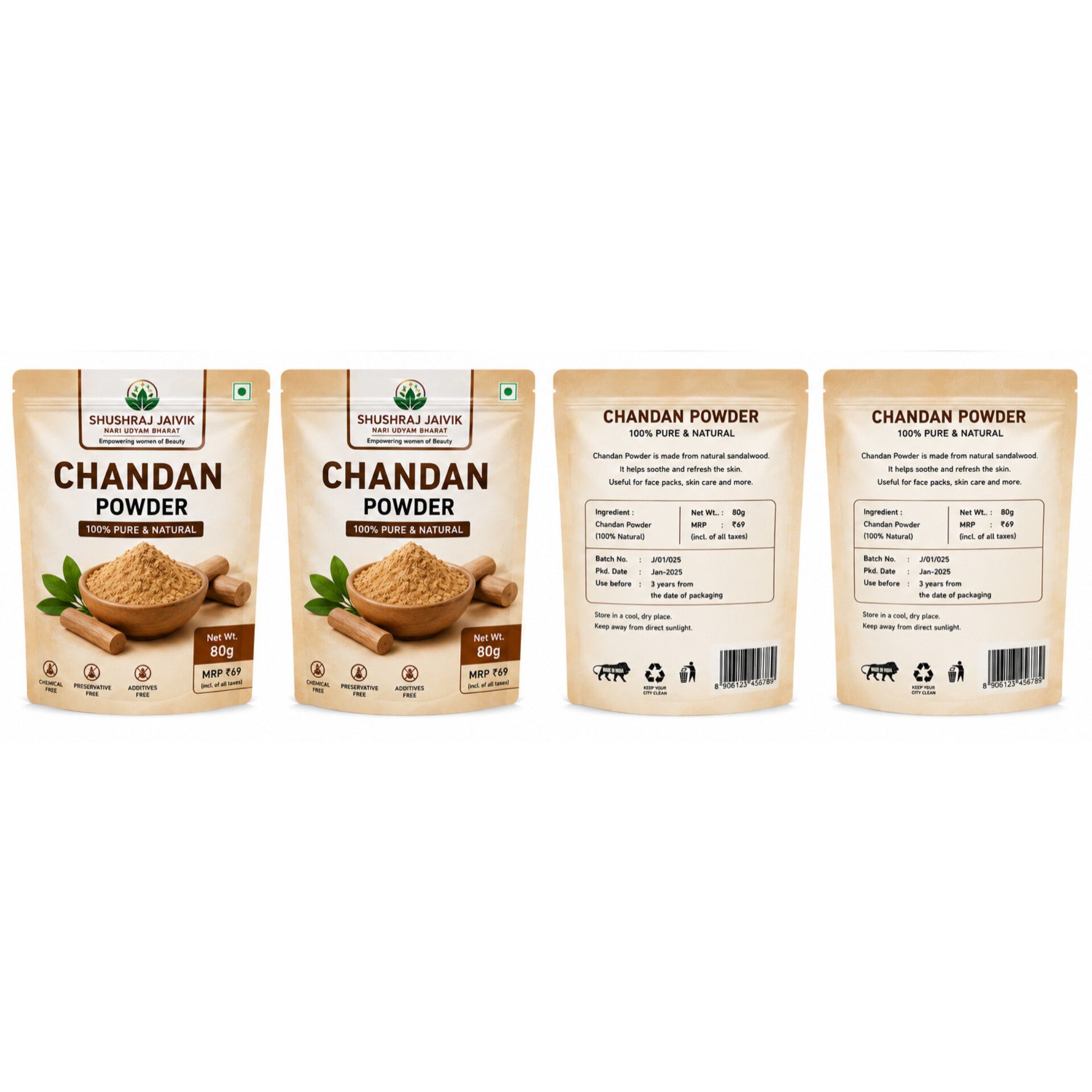 SHUSHRAJ JAIVIK Chandan Powder Combo Pack | 2 Pouches | 160g Total | 100% Pure & Natural Sandalwood Powder