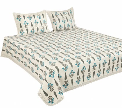 Hand Block Print Luxury Super King Cotton Bedsheet 108x108 With 2 Pillow Covers, 250GSm, 144TC