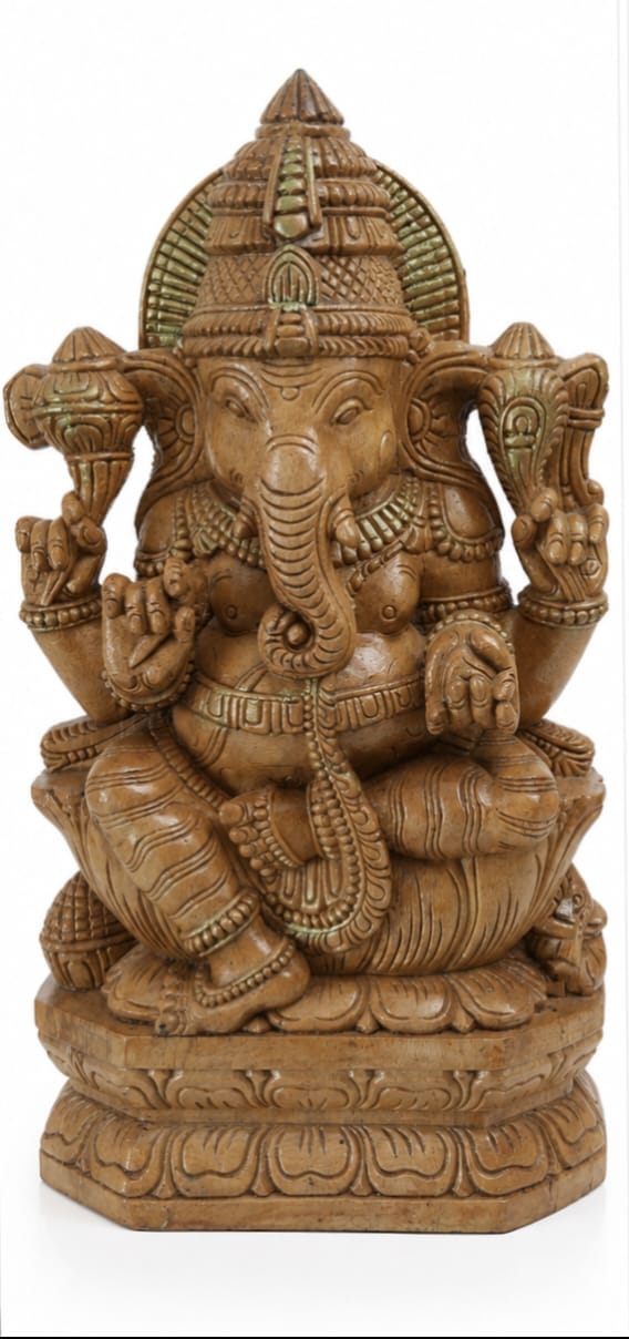 Hand-Carved Wooden Lord Ganesha Idol with Unique Backrest