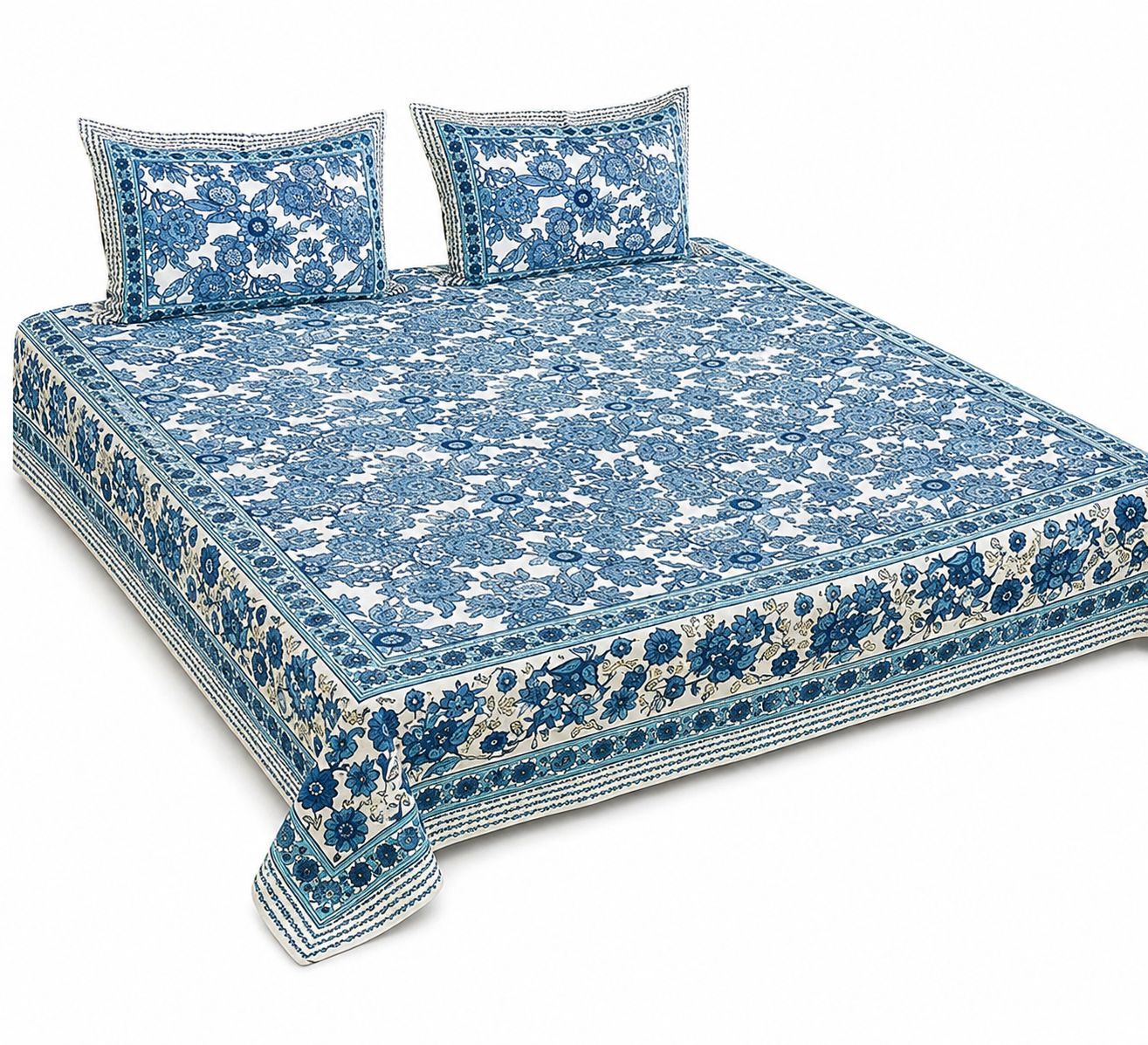Floral Hand Block Printed, Double King Size Combed Cotton Bedsheet 100*108 Inches, 2 Pillow Covers,,250 GSM.144 TC