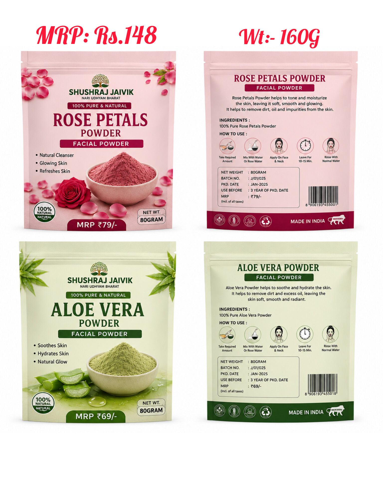Rose Petals Powder & Aloe Vera Powder Facial Powder Combo | 80GRAM Each | 100% Pure & Natural | Skin Care | SHUSHRAJ JAIVIK