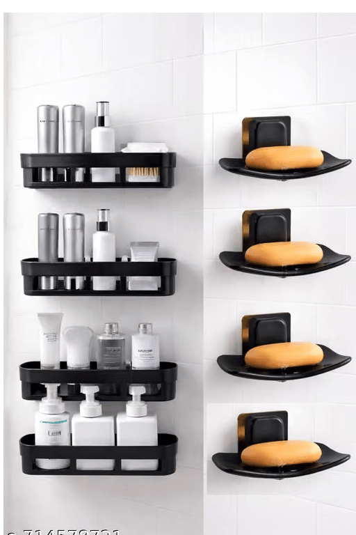 8PCS Matte Black Wall Mounted Bathroom Rack & Soap Dish Set - Pack of 2