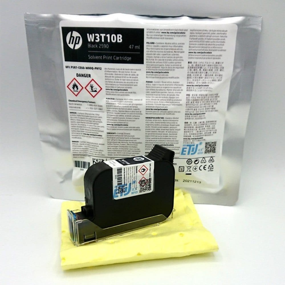 HP W3T10B 2590 Black Solvent Ink Cartridge | 12.7mm 45si TIJ 2.5 Printhead for Coding & Marking | Fast-Drying Industrial Ink for Plastics, Glass, Metal