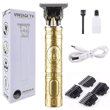 Vintage T9 Professional Hair Trimmer, Cordless Rechargeable, Gold, with 4 Guide Combs and Cleaning Accessories