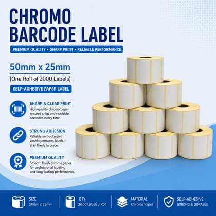 Chromo Barcode Labels – 50mm x 25mm | 2000 Labels per Roll | Self-Adhesive White Paper Label