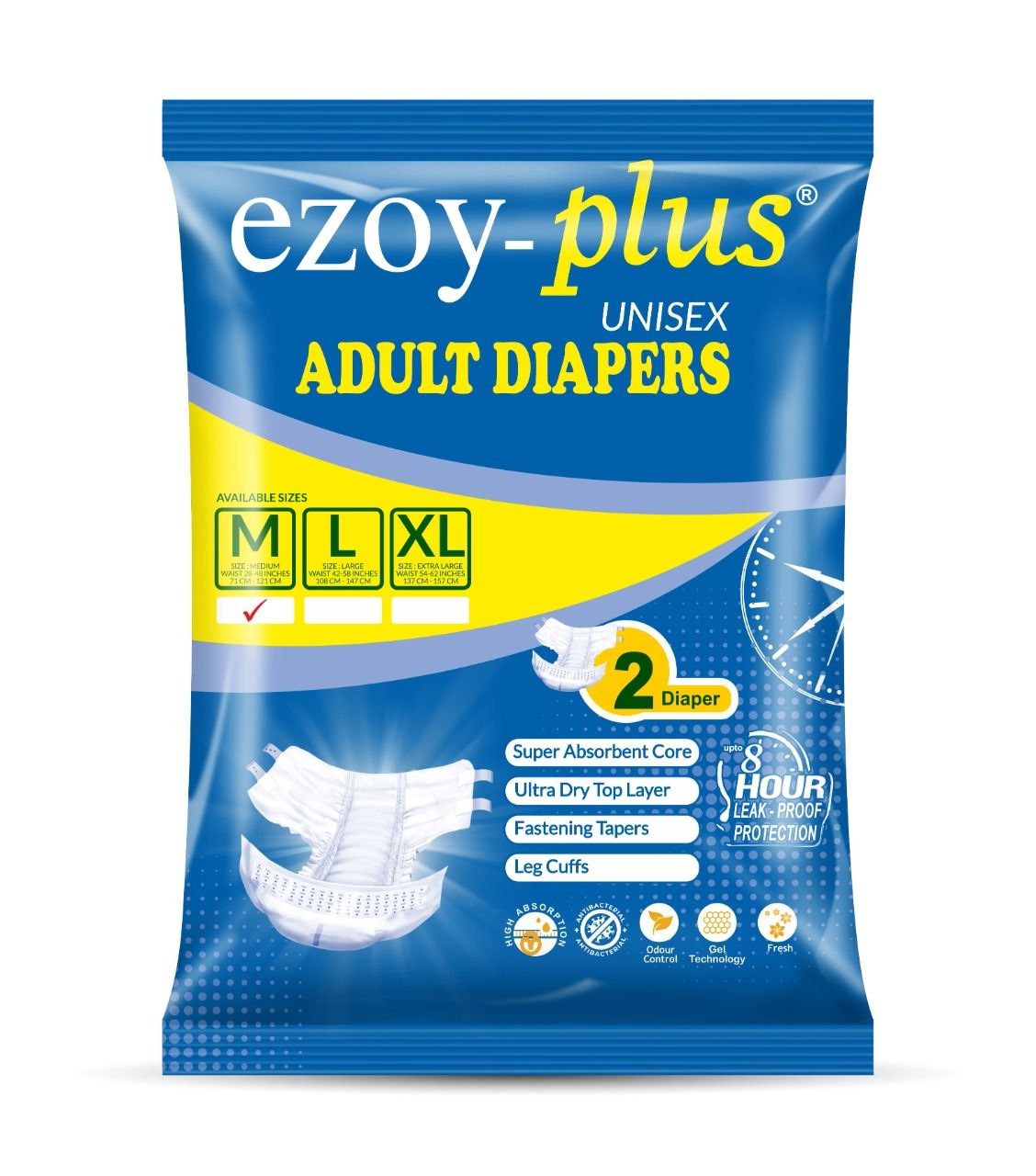 EzoyPlus Adult Diapers M Size , Tape Style, Soft & Comfortable Fit,Pack of 50 (1 bag)
