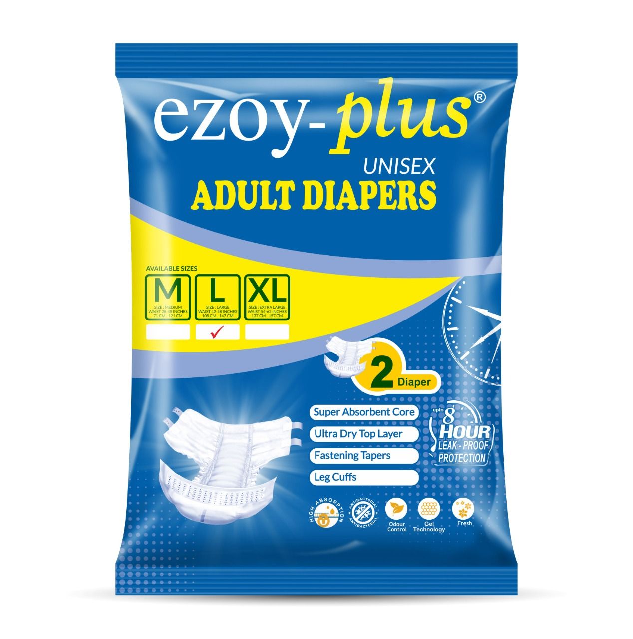 EzoyPlus Adult Diapers L Size Tape Style,ltra Dry Top Layer, Leak-Proof Protection, Adjustable ,(50 PACK) 1 BAG