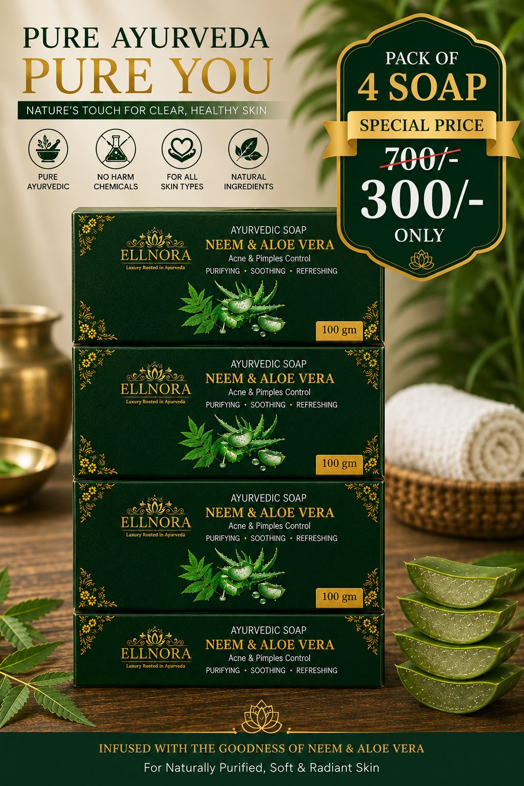 ELLNORA Neem & Aloe Vera Ayurvedic Soap for Acne and Pimple Control Remedies( Set of 4 Soaps)