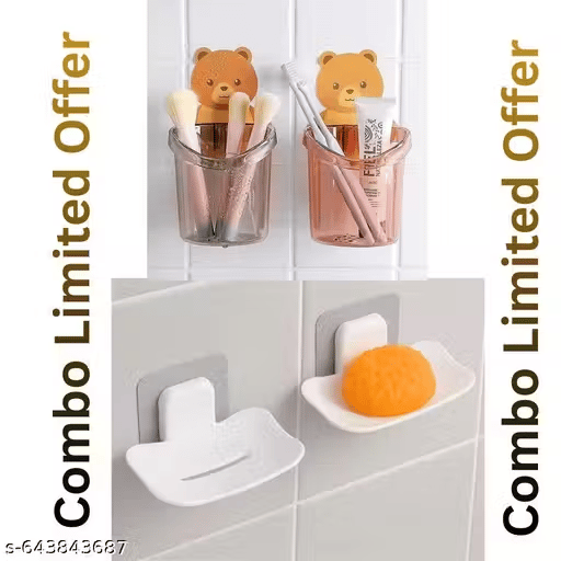 2 Pcs Soap Dish & 2 Pcs Toothbrush Holder Set - Brown - Pack of 2
