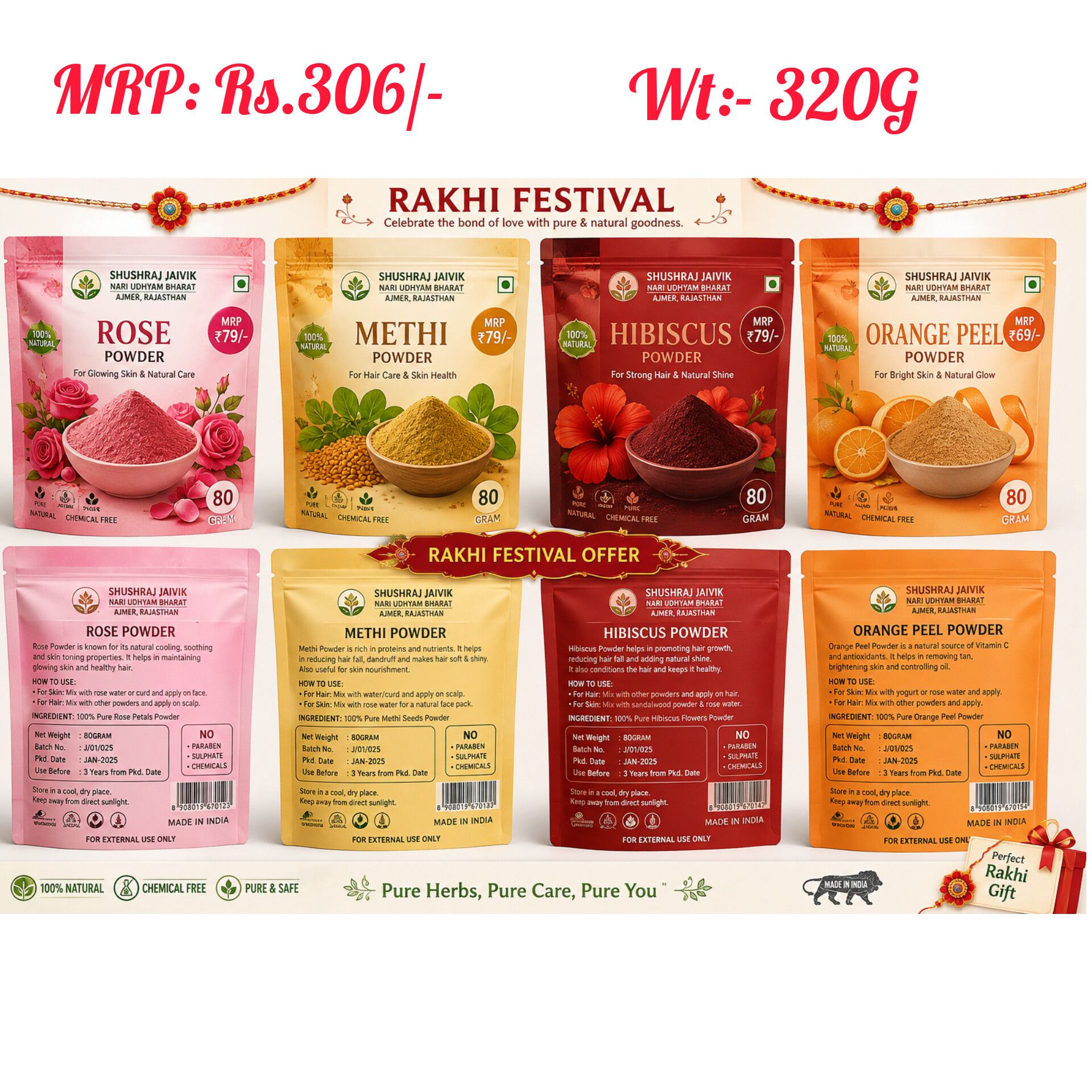 SHUSHRAJ JAIVIK Herbal Beauty Combo | Rose, Methi, Hibiscus & Orange Peel Powder | 80g Each | Natural Herbal Care