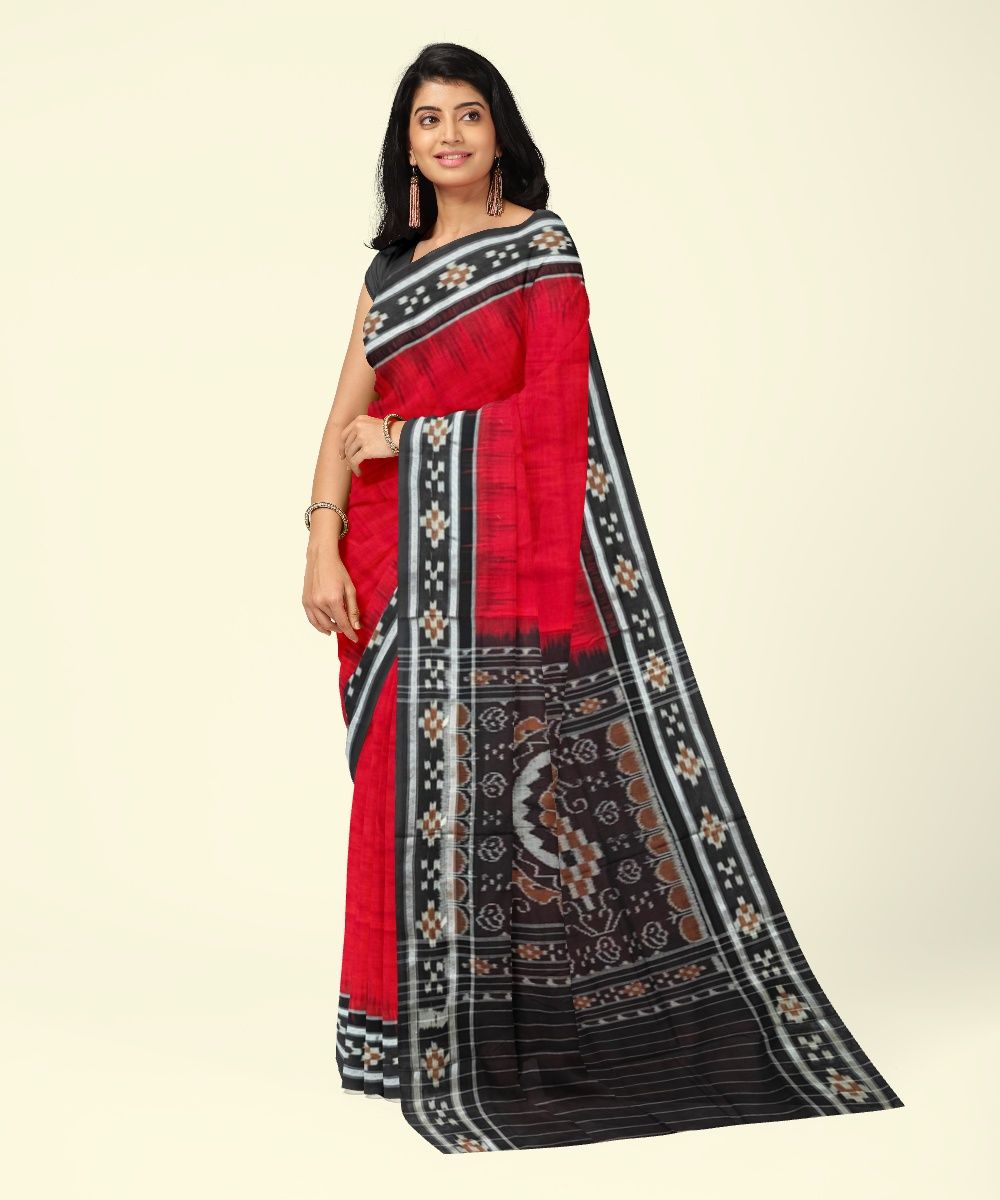 Red Black Sambalpuri Handwoven Single Ikat Cotton Saree SFCSAR2444