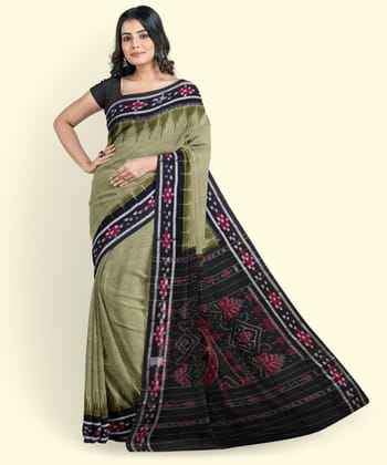 Olive Black Sambalpuri Handwoven Single Ikat Cotton Saree(SFCSAR2446