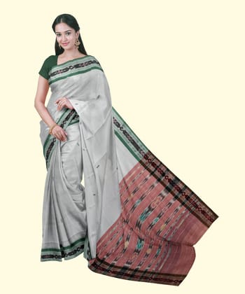 White Green Sambalpuri Handwoven Single Ikat Cotton Saree SFCSAR2447