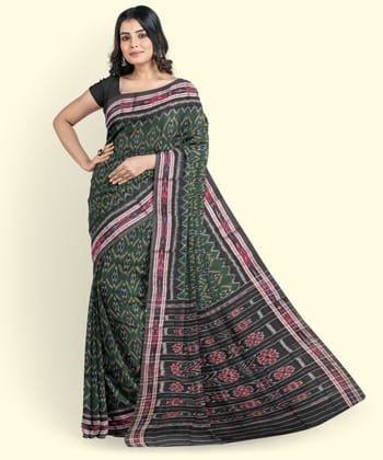 Green Black Sambalpuri Handwoven Single Ikat Cotton Saree(SFCSAR2448