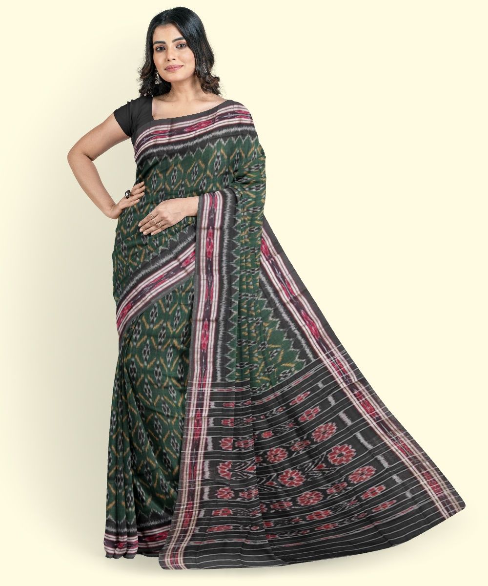 Green Black Sambalpuri Handwoven Single Ikat Cotton Saree(SFCSAR2448