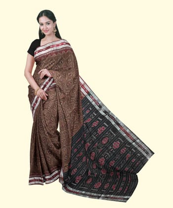 Brown Black Sambalpuri Handwoven Single Ikat Cotton Saree SFCSAR2453