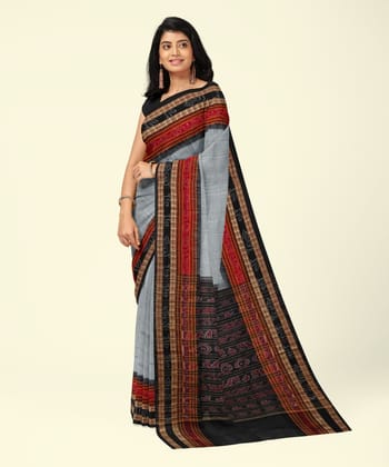 White Black Sambalpuri Handwoven Single Ikat Cotton Saree(SFCSAR2460