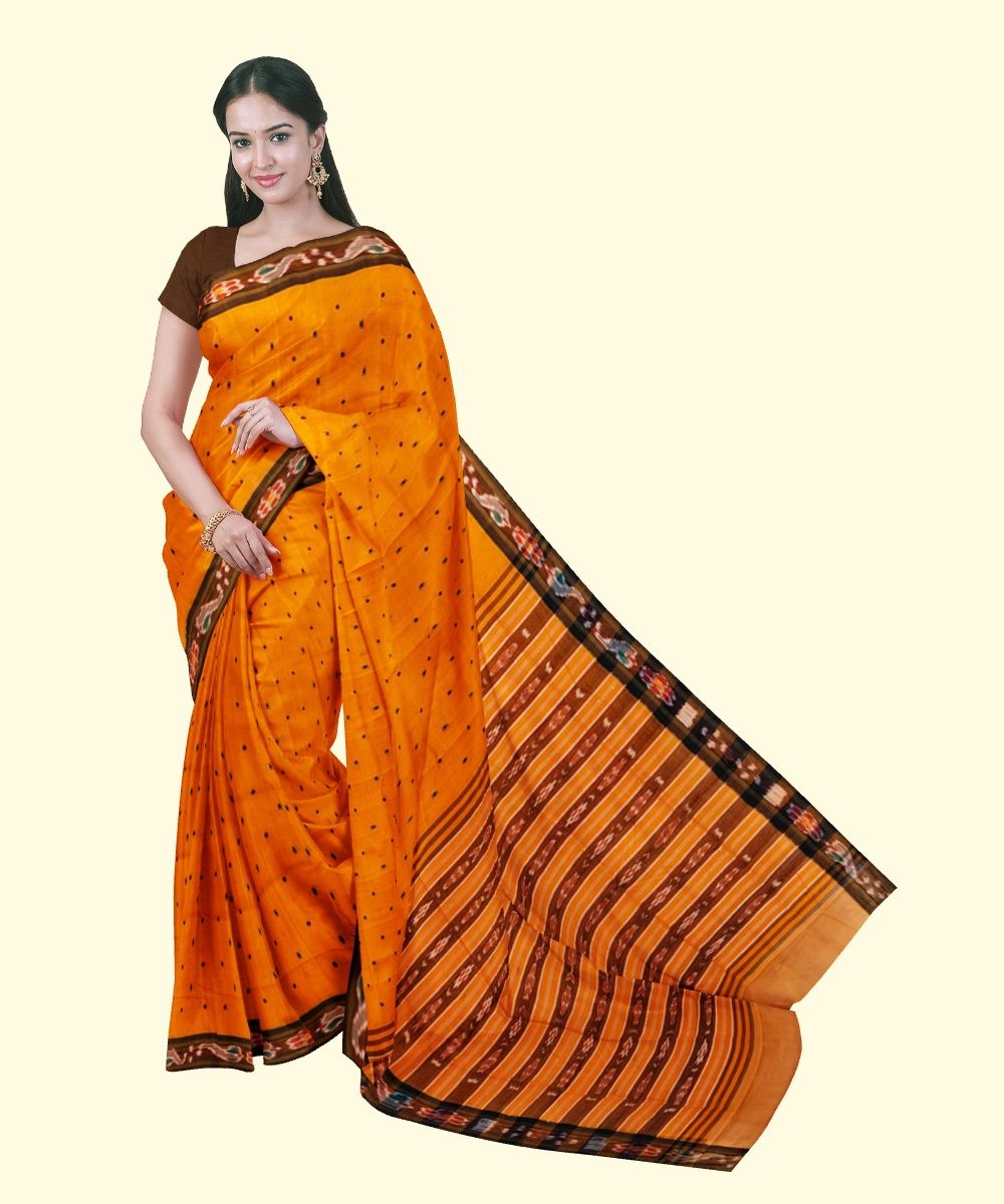 Orange Black Sambalpuri Handwoven Single Ikat Cotton Saree SFCSAR2463