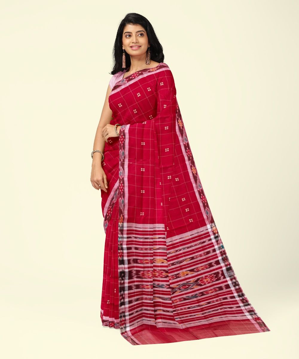 Red Pink Sambalpuri Handwoven Single Ikat Cotton Saree SFCSAR2464
