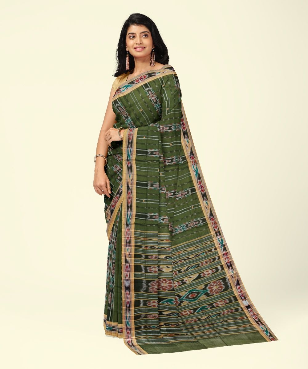 Olive Black Sambalpuri Handwoven Single Ikat Cotton Saree SFCSAR2468