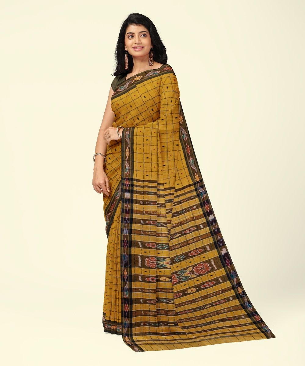 Yellow Black Sambalpuri Handwoven Single Ikat Cotton Saree SFCSAR2470