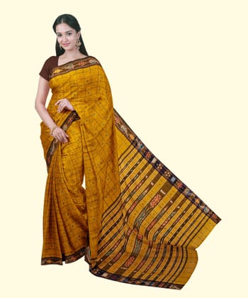 Mustard Sambalpuri Handwoven Single Ikat Cotton Saree SFCSAR2477