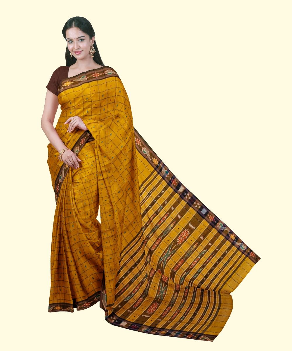 Mustard Sambalpuri Handwoven Single Ikat Cotton Saree SFCSAR2477