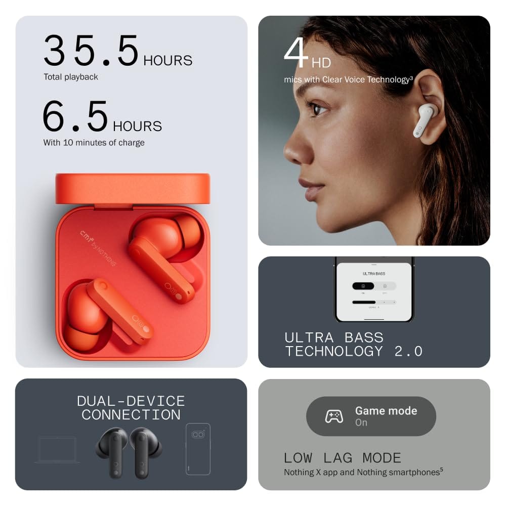 CMF by Nothing Buds 2 48 dB Hybrid ANC, Ultra Bass Technology 2.0, 55 Hrs Playtime Bluetooth in Ear Headset 